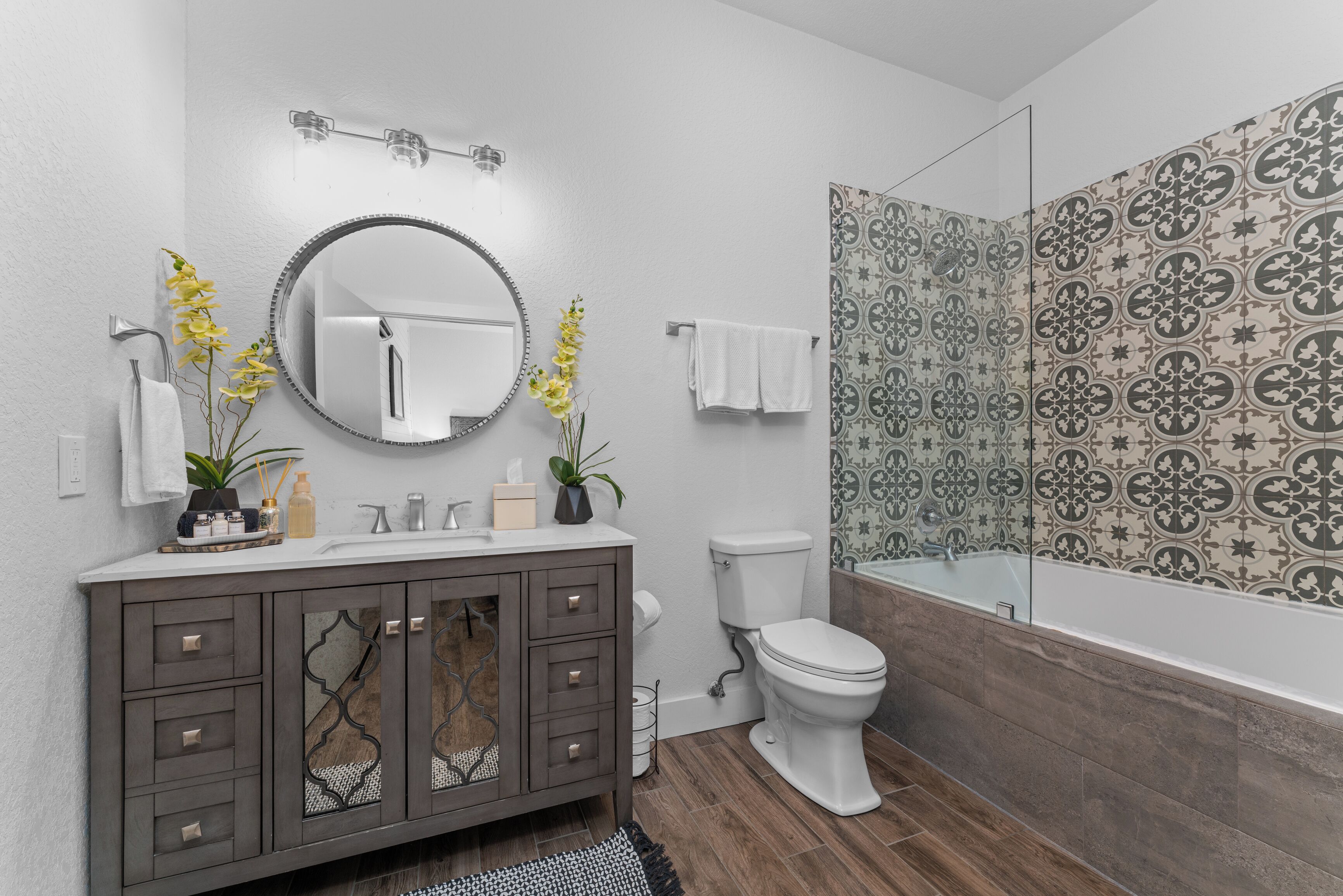 Hair dryer, towels, soap, shampoo