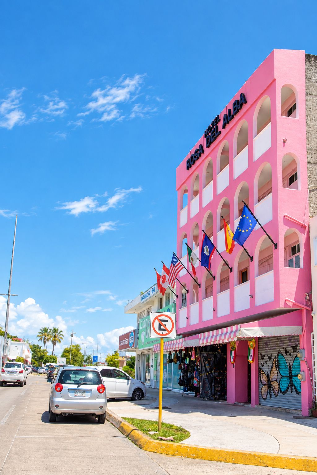 A pink building with multiple flags, including the EU flag, and a sign that says 'Hotel Rosa Del Alba.'