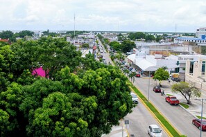 A cityscape with a wide street lined with trees and buildings, including a prominent white building with a green roof. - Rosa del Alba, Barrio Mágico Centro Histórico de Chetumal (Chetumal)