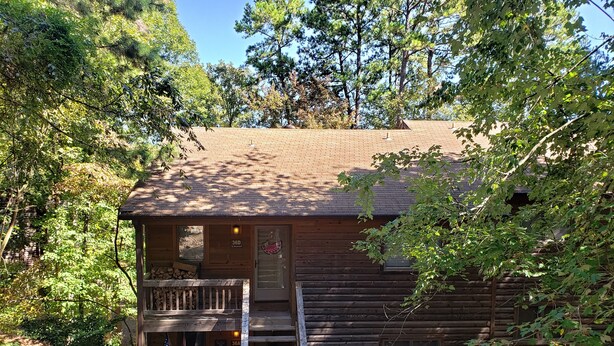 A log cabin with a wooden staircase leading to a porch, surrounded by dense trees. - Tree house condo (Mt Ida)