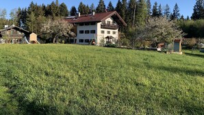 A two-story house with a red-tiled roof, surrounded by a grassy field and trees. - Vacation in the countryside with mountain views and close to the Chiemsee (Frasdorf)