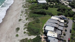 Vista aérea de uma área residencial costeira, com propriedades em frente à praia, uma faixa de areia e vegetação densa.