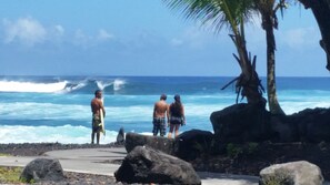 A pathway leading to the beach with large rocks and a palm tree. - Hale Ki'i Maka Manu 4 Bedroom Home by RedAwning (Keaau)