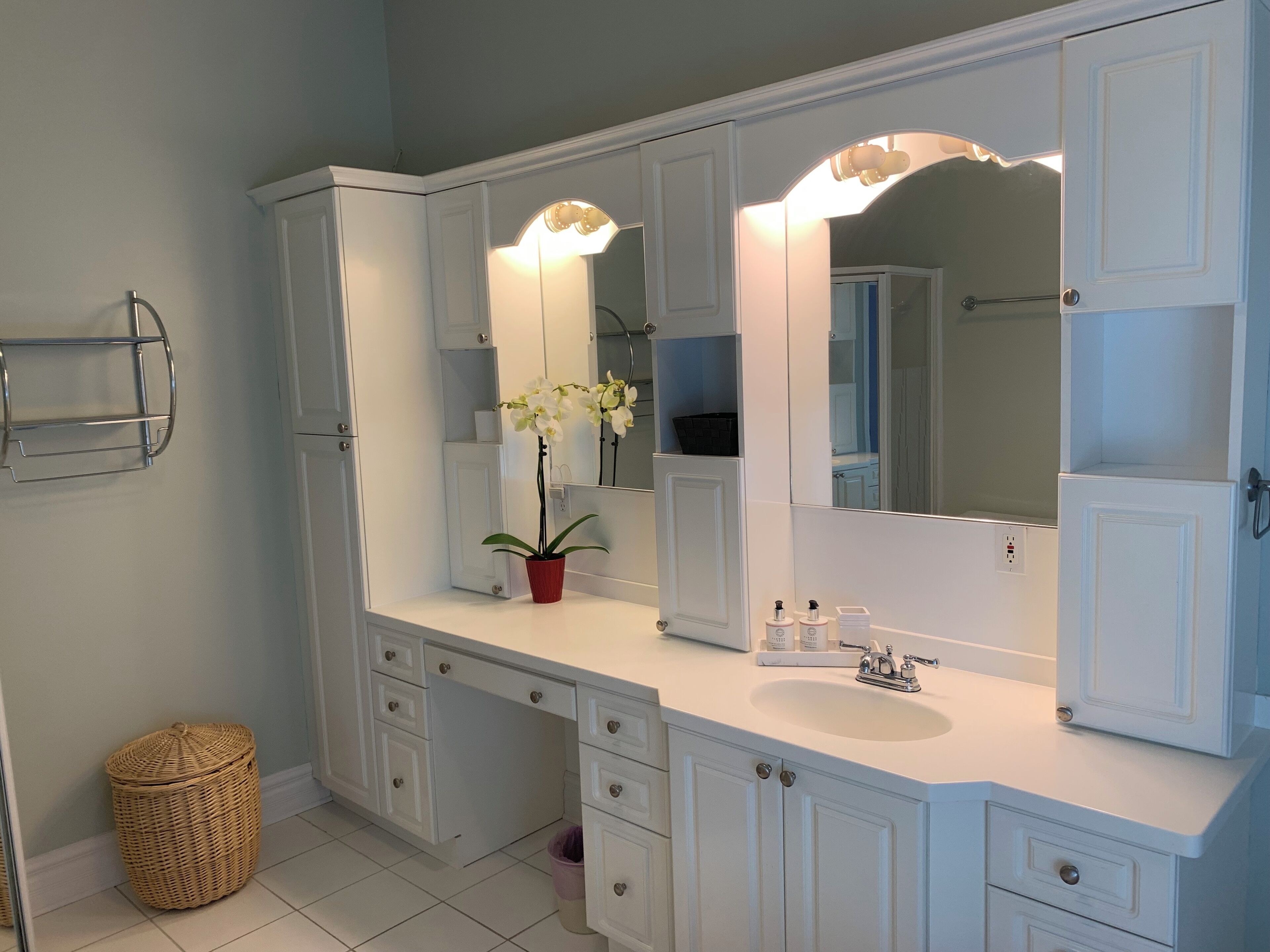 A bathroom with white cabinetry, a large mirror, a sink, and a potted orchid.