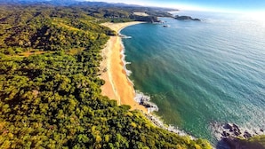 Vista aérea de una zona costera con playa arenosa, denso bosque verde y aguas azules cristalinas.