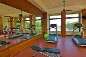 A gym with treadmills, a bench, and exercise balls.