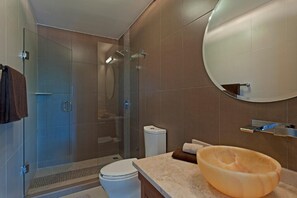 A modern bathroom with a glass shower enclosure, a white toilet, and a beige countertop with a large bowl sink.