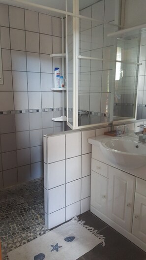 Douche, sèche-cheveux, savon, papier toilette