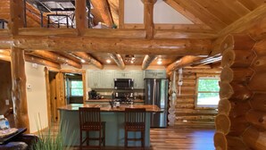 Interno di una baita di legno con cucina, sala da pranzo e soggiorno, caratterizzato da un divano in pelle e una pianta in vaso.