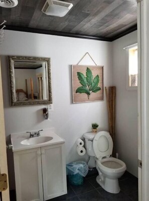 Ein Badezimmer mit Waschbecken, Spiegel, Toilette und einer gerahmten Pflanze.