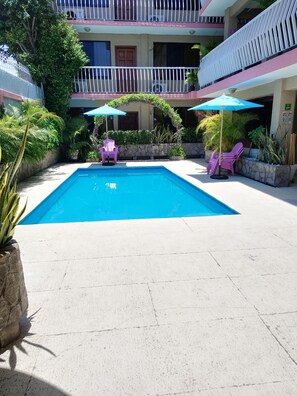 Una piscina con dos sillas y sombrillas, rodeada de plantas y un edificio con balcones.