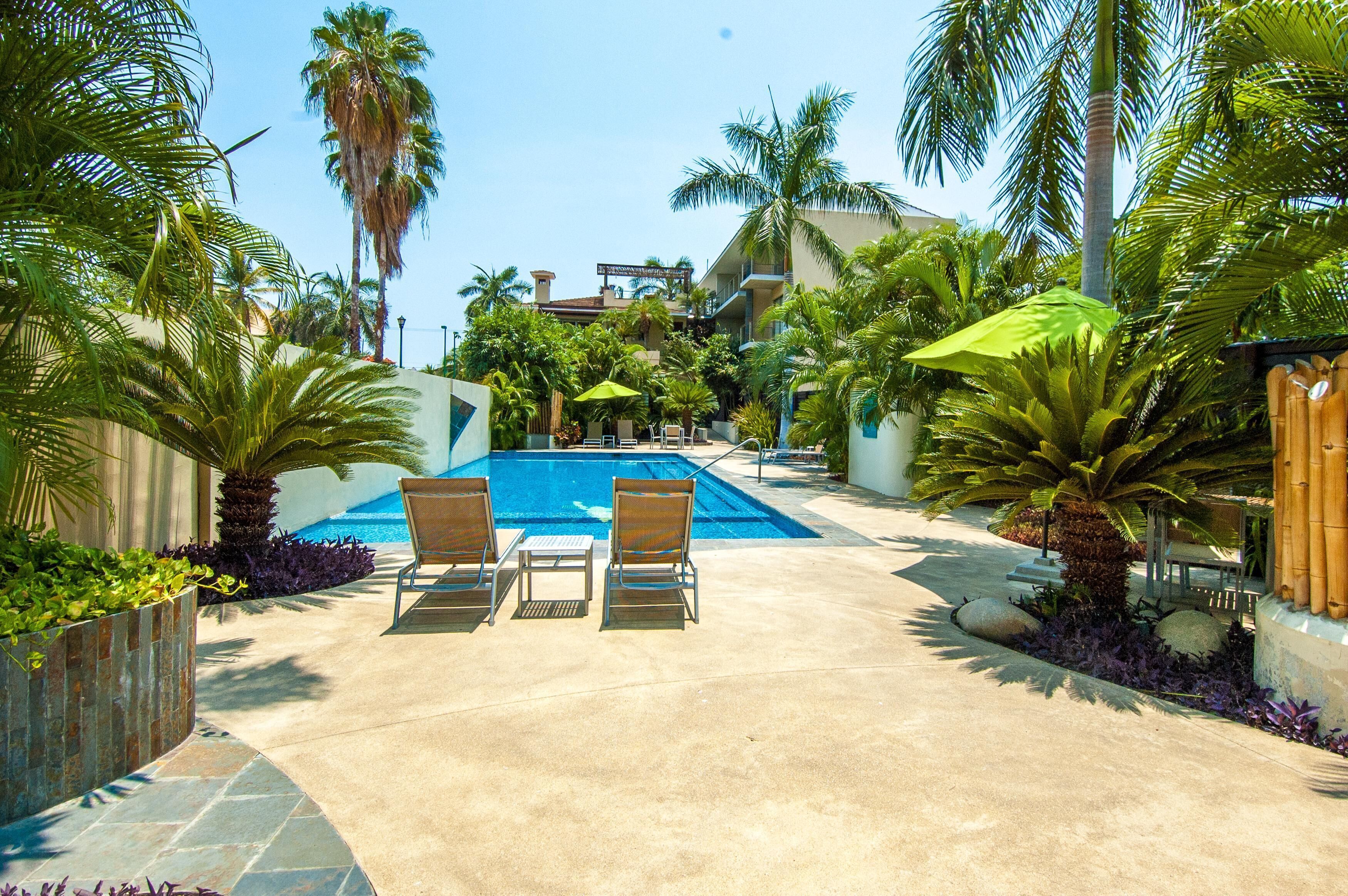 A pool area with lounge chairs and palm trees.