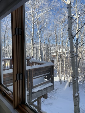 A view through a window of a wooden deck with snow-covered trees and a clear blue sky.