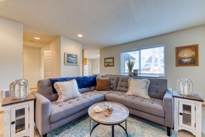 TV, fireplace, books