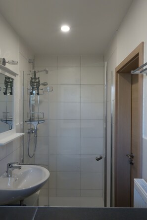 Shower, hair dryer, towels, toilet paper