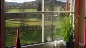A window with a view of a grassy field and a wooden fence. - FeWo Frank Rudersberg, 1-3 people, (Rudersberg)