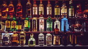 Verschillende flesjes drank staan uitgestald op planken in een bar.
