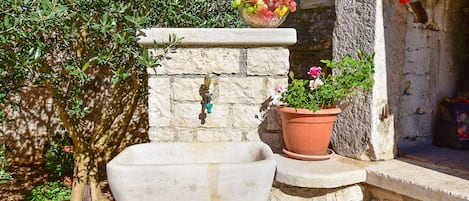 A stone wall with a stone basin, a potted plant, and a bowl of fruit.