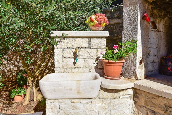 A stone wall with a stone basin, a potted plant, and a bowl of fruit.