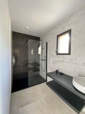 Shower, hair dryer, towels, soap