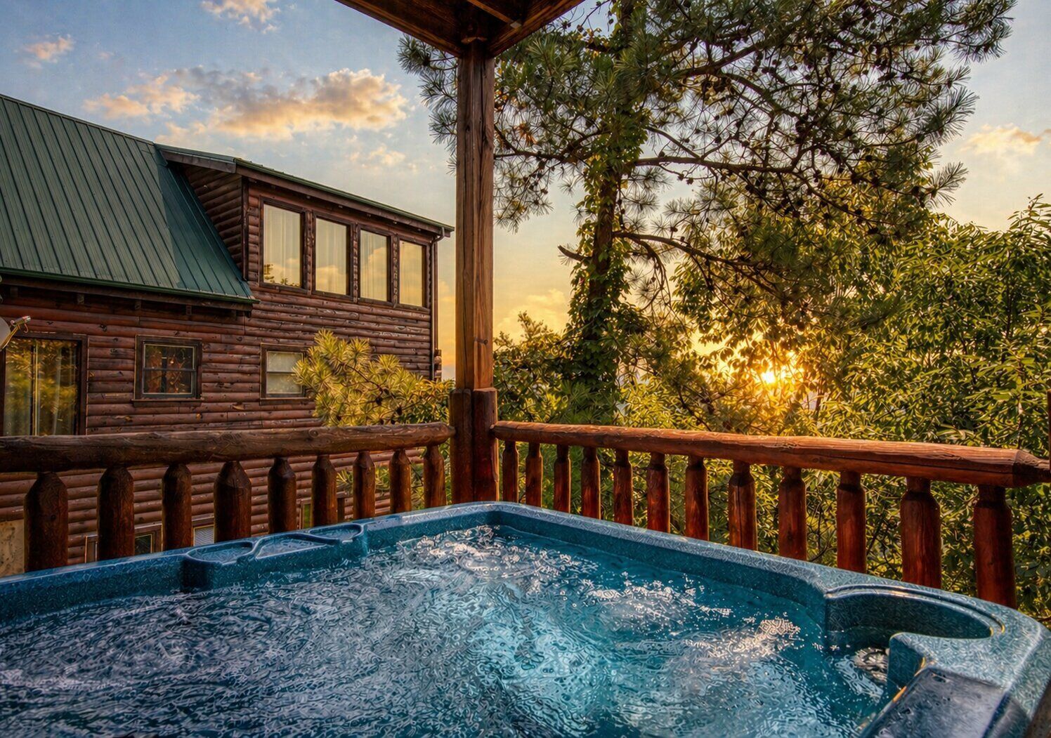 Une cabane en bois avec un bain à remous sur une terrasse, entourée d’arbres et sous un ciel dégagé.