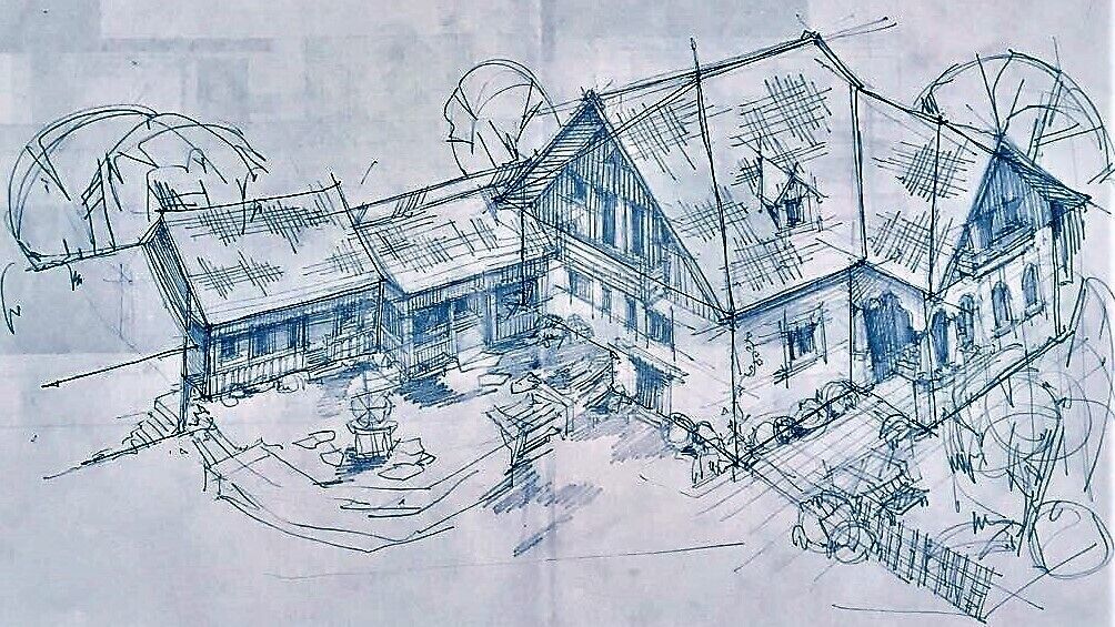 A detailed architectural drawing of a building with multiple sections, including a central courtyard and surrounding structures.