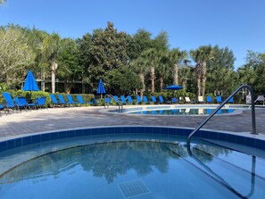 Outdoor pool, a heated pool, pool loungers