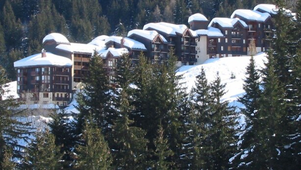 A cluster of log cabin-style buildings with snow-covered roofs, surrounded by dense evergreen trees.