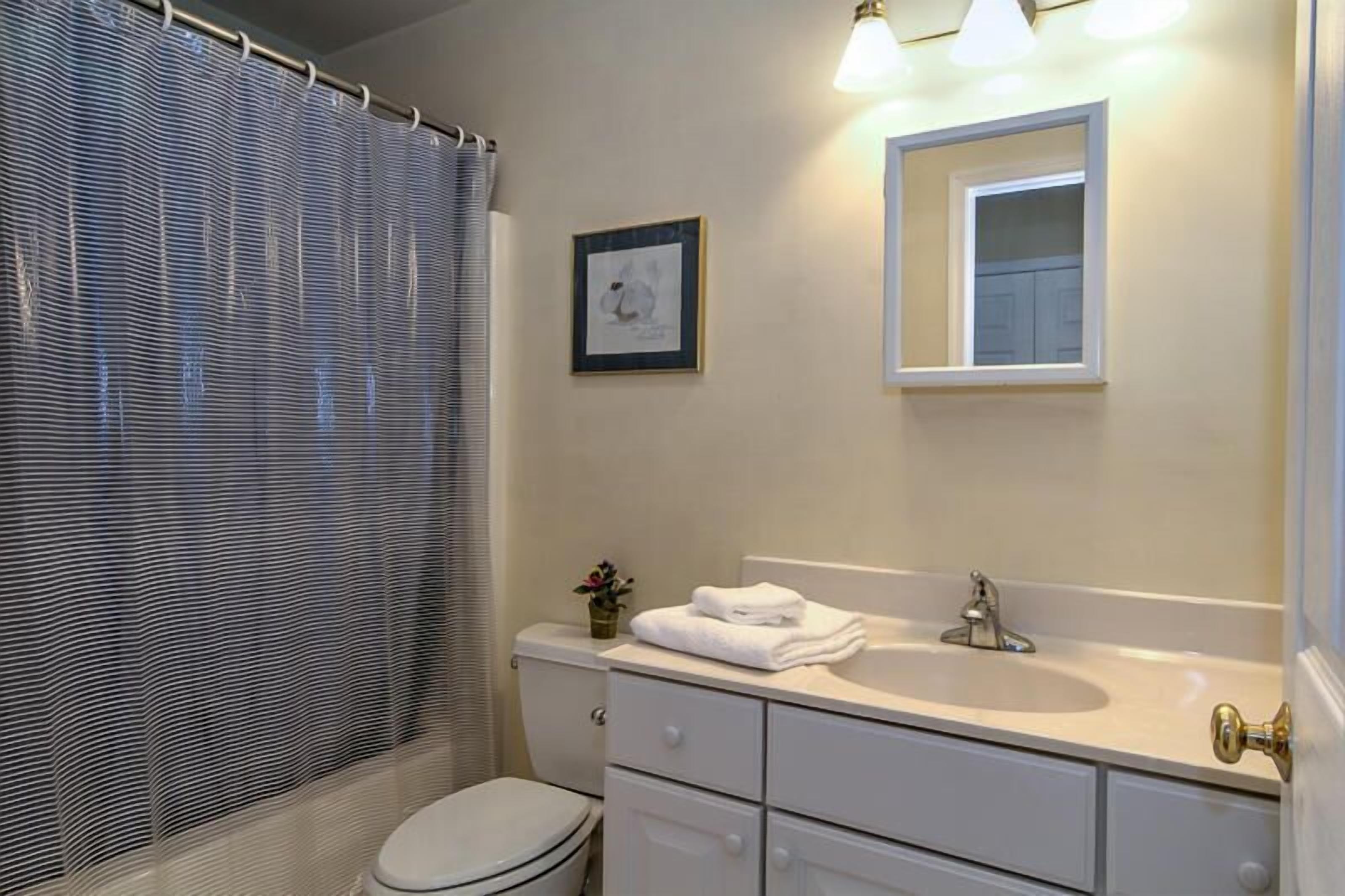 A bathroom with a toilet, sink, and shower curtain.