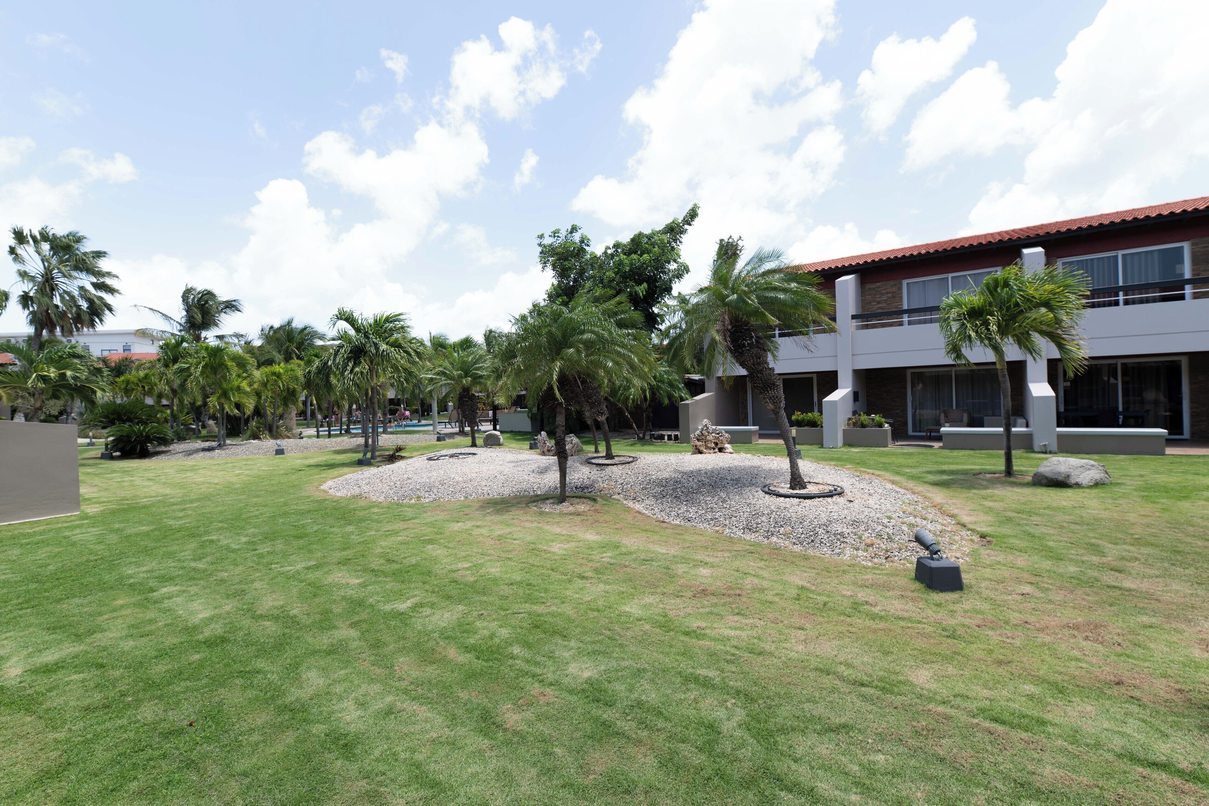 A landscaped outdoor area with palm trees, a gravel path, and a building with a red roof.