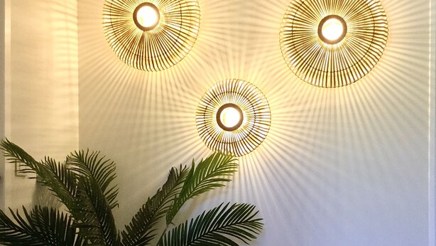 Un mur orné de trois luminaires circulaires et d’une plante en pot.