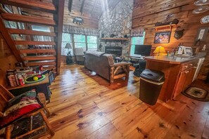 TV, fireplace, DVD player, books