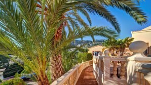 Un balcone con vista sulla città, palme e un percorso piastrellato.