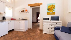 Un espace de vie compact comprenant un coin cuisine, un coin repas et un espace détente avec un canapé.