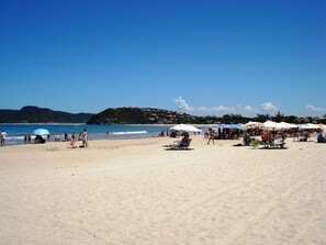 A beach with umbrellas and people.