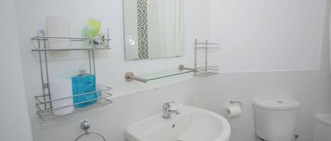 A modern bathroom with a white sink, toilet, and mirror. There are shelves with toiletries and a towel ring.