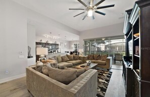 Smart TV, DVD player, foosball, books