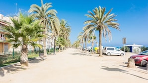 A coastal street lined with palm trees and parked cars. - HomeHolidaysRentals Elodie - Costa Barcelona (Calella)