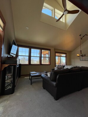 Smart TV, chimenea, reproductor de DVD y libros 