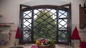 Eine Küche mit zwei Spülen, einem Fenster mit Blick auf Bäume und einer Obstschale auf der Arbeitsplatte.