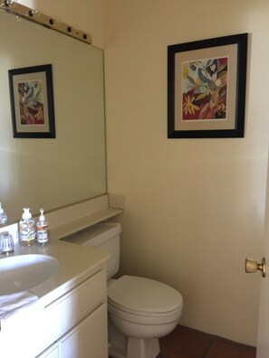 Een badkamer met een wit wastafelmeubel, toilet en een spiegel boven het wastafelmeubel. Er hangen twee ingekaderde foto's aan de muur.