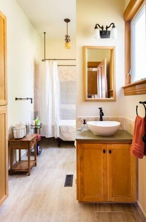 Hair dryer, towels, soap, shampoo