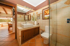 Shower, hair dryer, towels, toilet paper