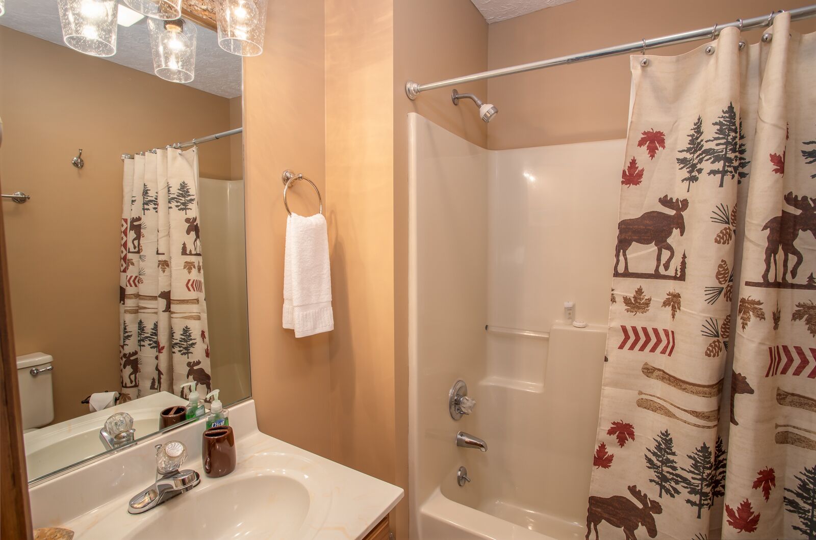 Un bagno con una vasca, una doccia, un lavandino con uno specchio e un asciugamano appeso al muro.