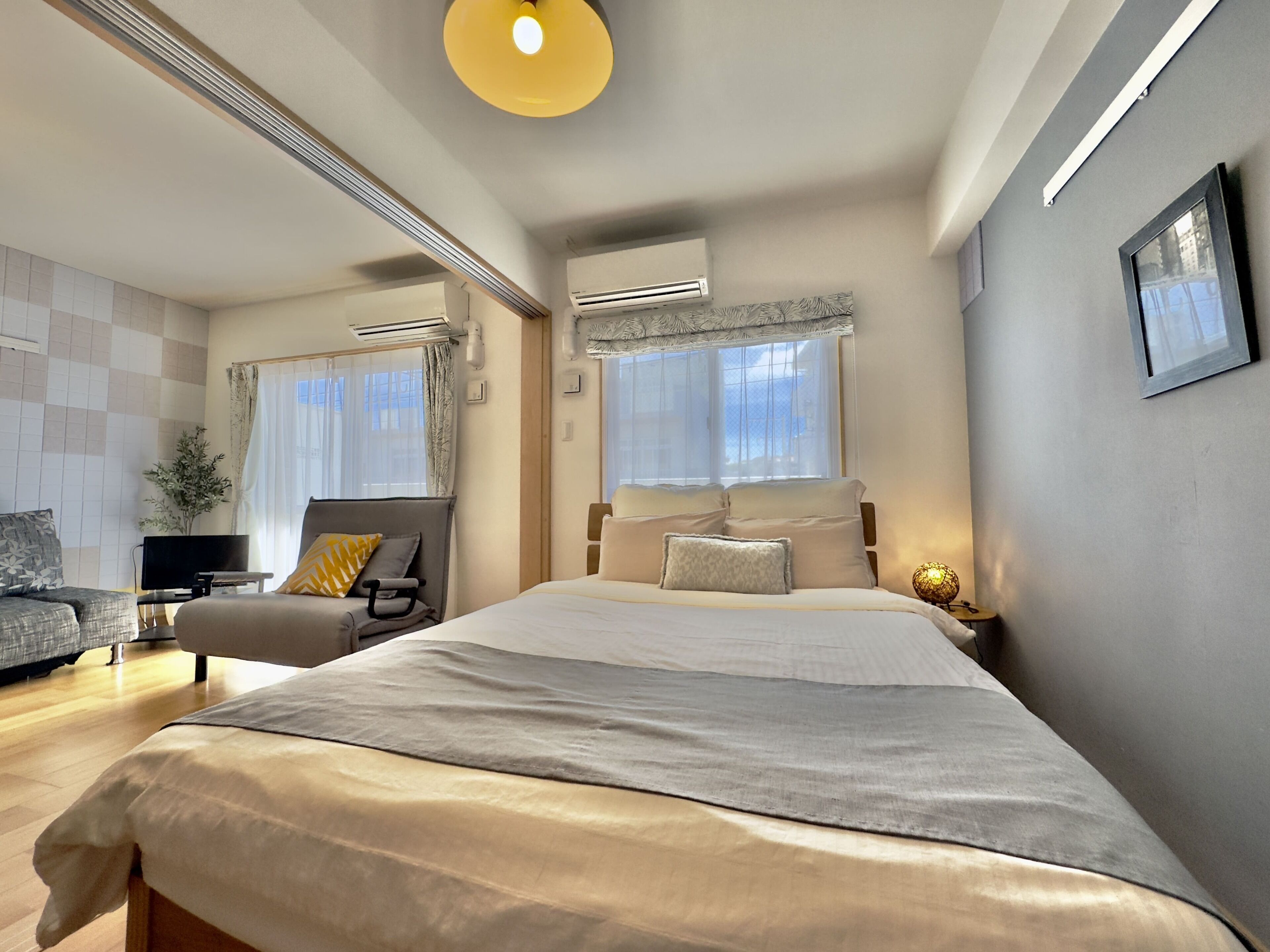 A modern bedroom with a large bed, a sofa, a TV, and a plant.