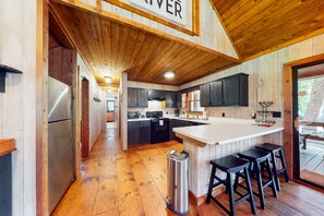 Fridge, microwave, oven, stovetop - Waterfront cabin w/ private dock & hot tub, wood-burning fireplace, & swing (Mineral Bluff)