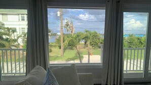 A room with a large window, a white sofa, and a view of a green landscape with trees and a building. - Dolphins, Sunsets & Waterfront Living – Heated Pool + Dock & Kayaks Near Beaches (Englewood)