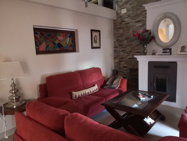 TV, fireplace, DVD player, books