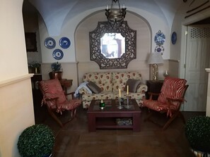 Télévision, cheminée, lecteur de DVD, livres