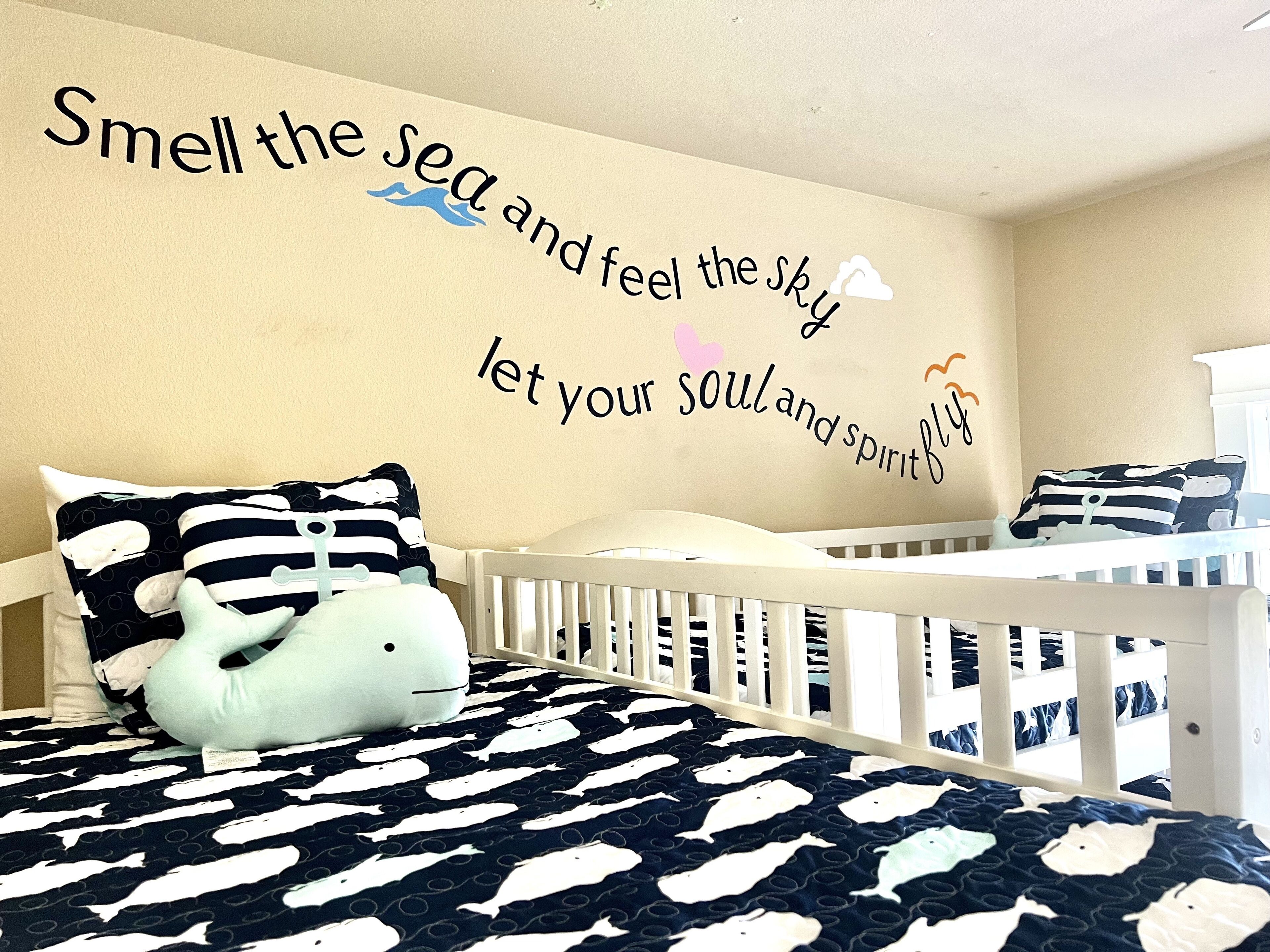 Bright and Beautiful Bunk Room.  Just right for your little and bigger kids too!